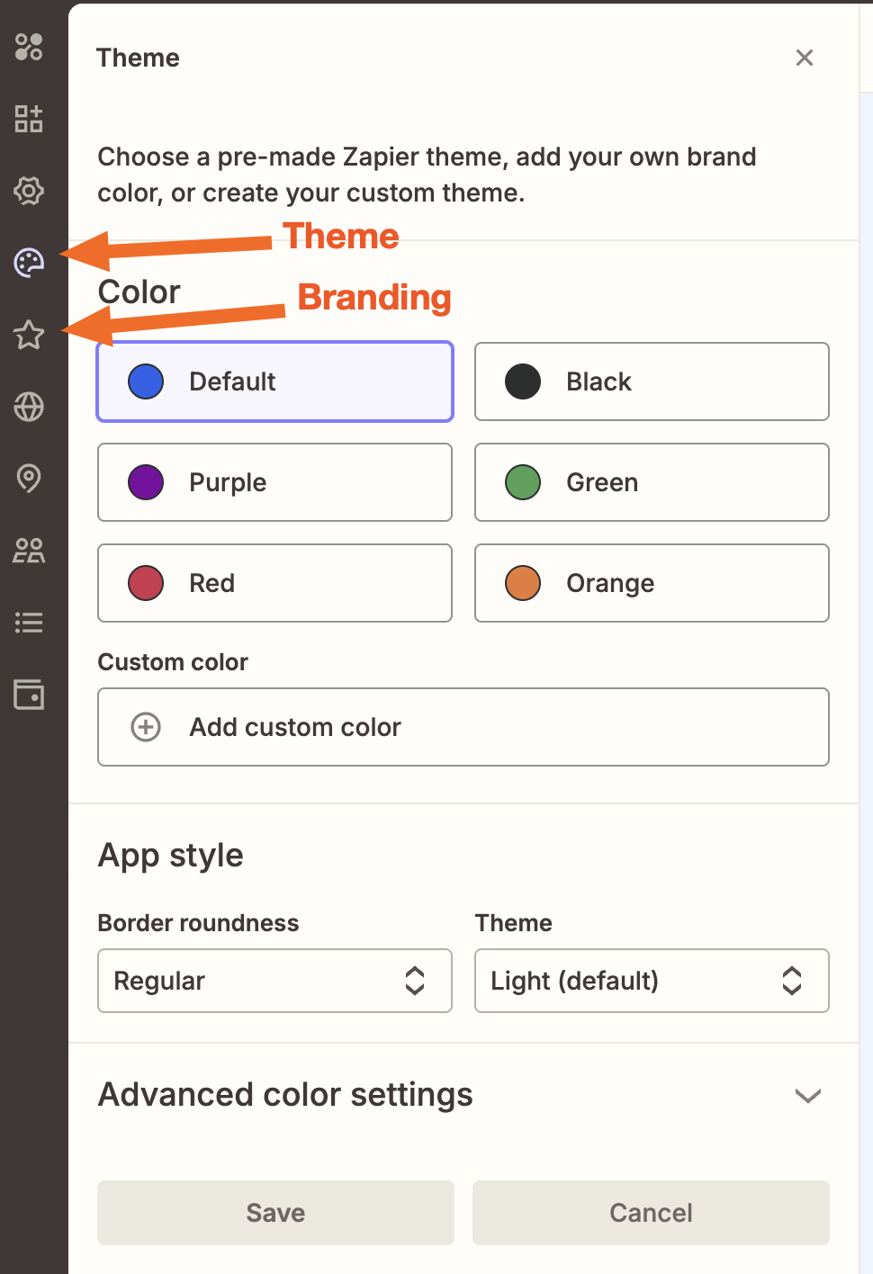 Theme settings panel with color branding options, Default theme selected, and buttons to add a custom color