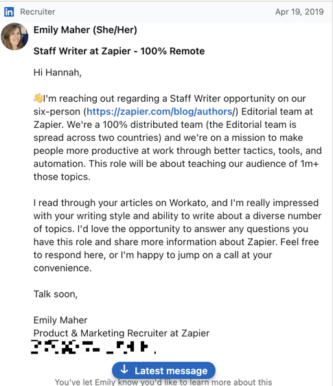 The initial message Hannah received from Zapier