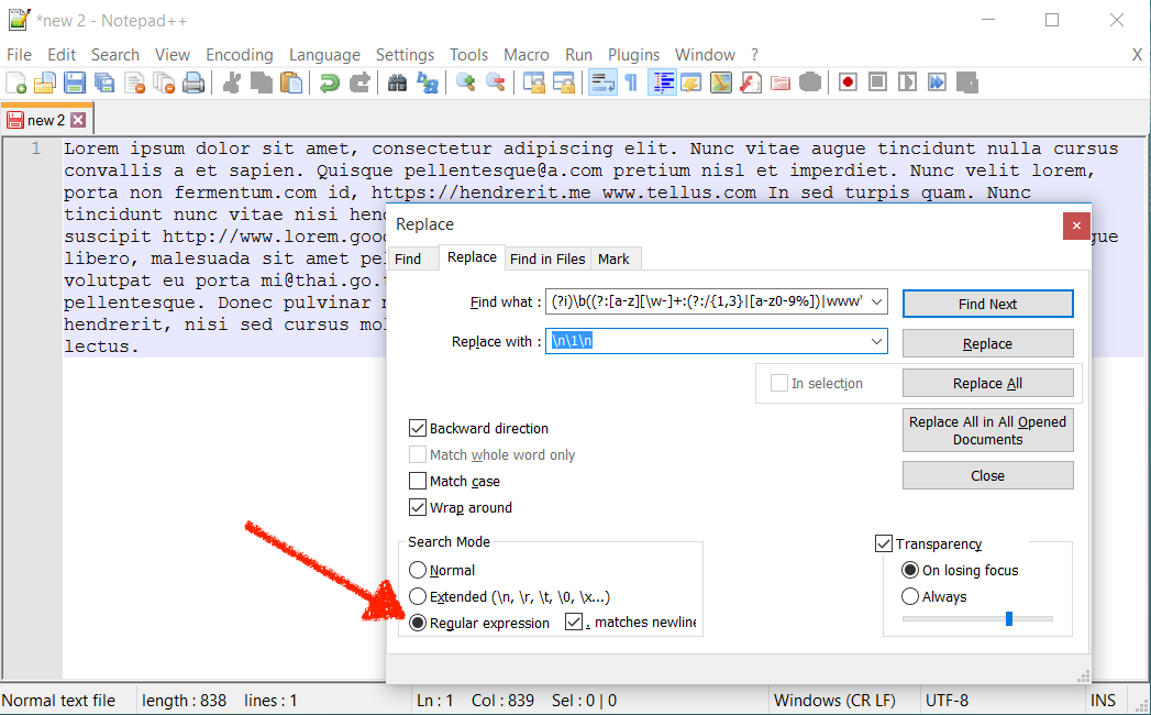 Use regex to find and replace text in Notepad++