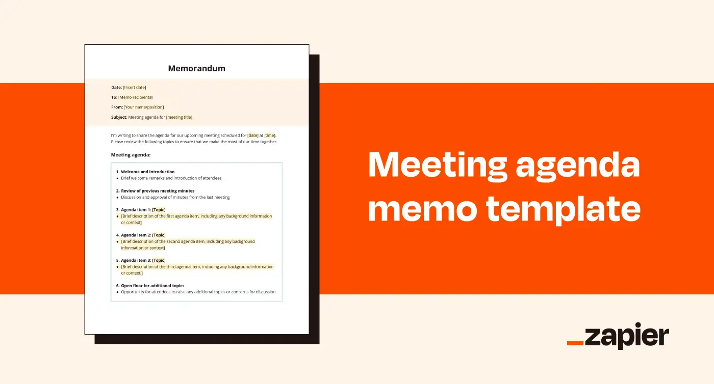 Screenshot of Zapier's meeting agenda memo template on an orange background