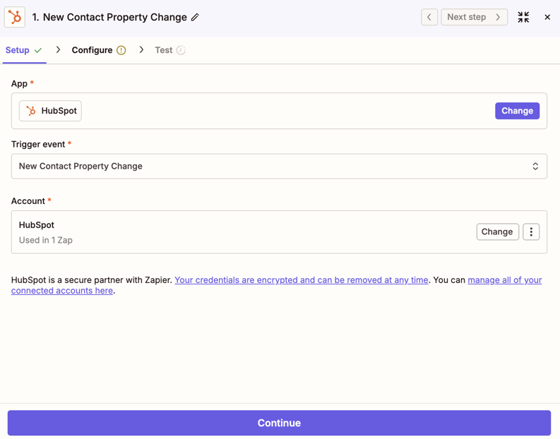 Screenshot of the Hubspot trigger step setup in the Zapier editor.
