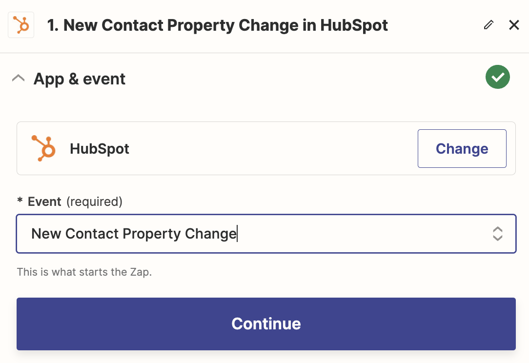 A screenshot of the setup for a Hubspot trigger step in the Zapier editor.