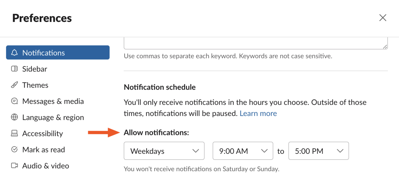 Slack notification schedule preferences.
