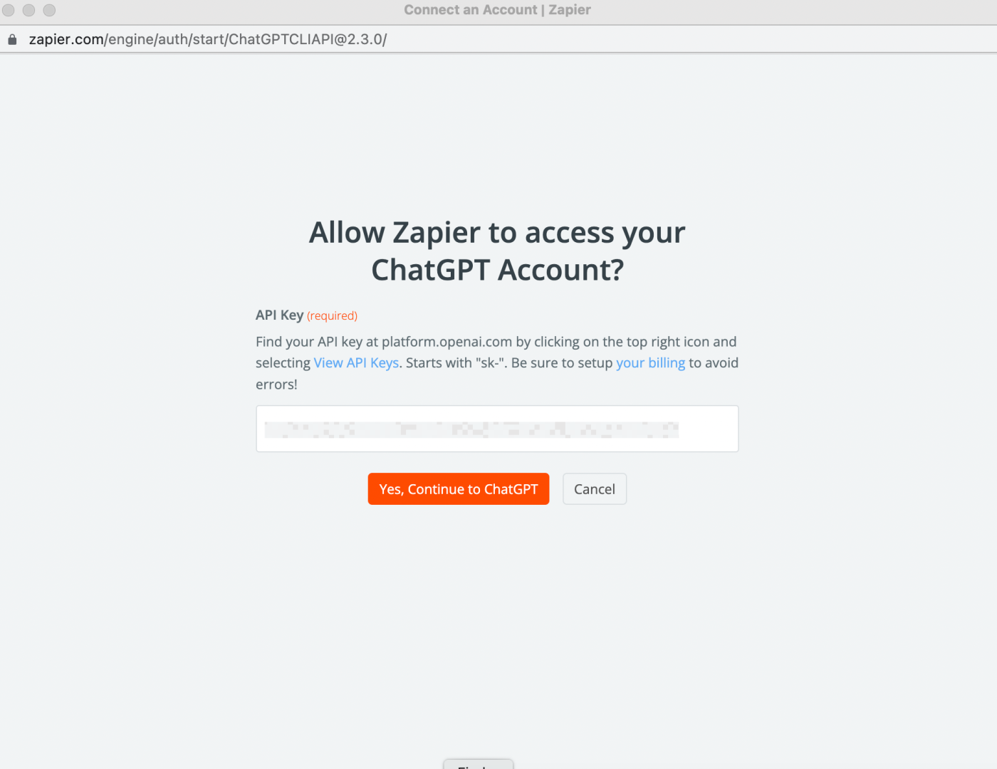 A screenshot of the login portal to connect a ChatGPT account to Zapier.