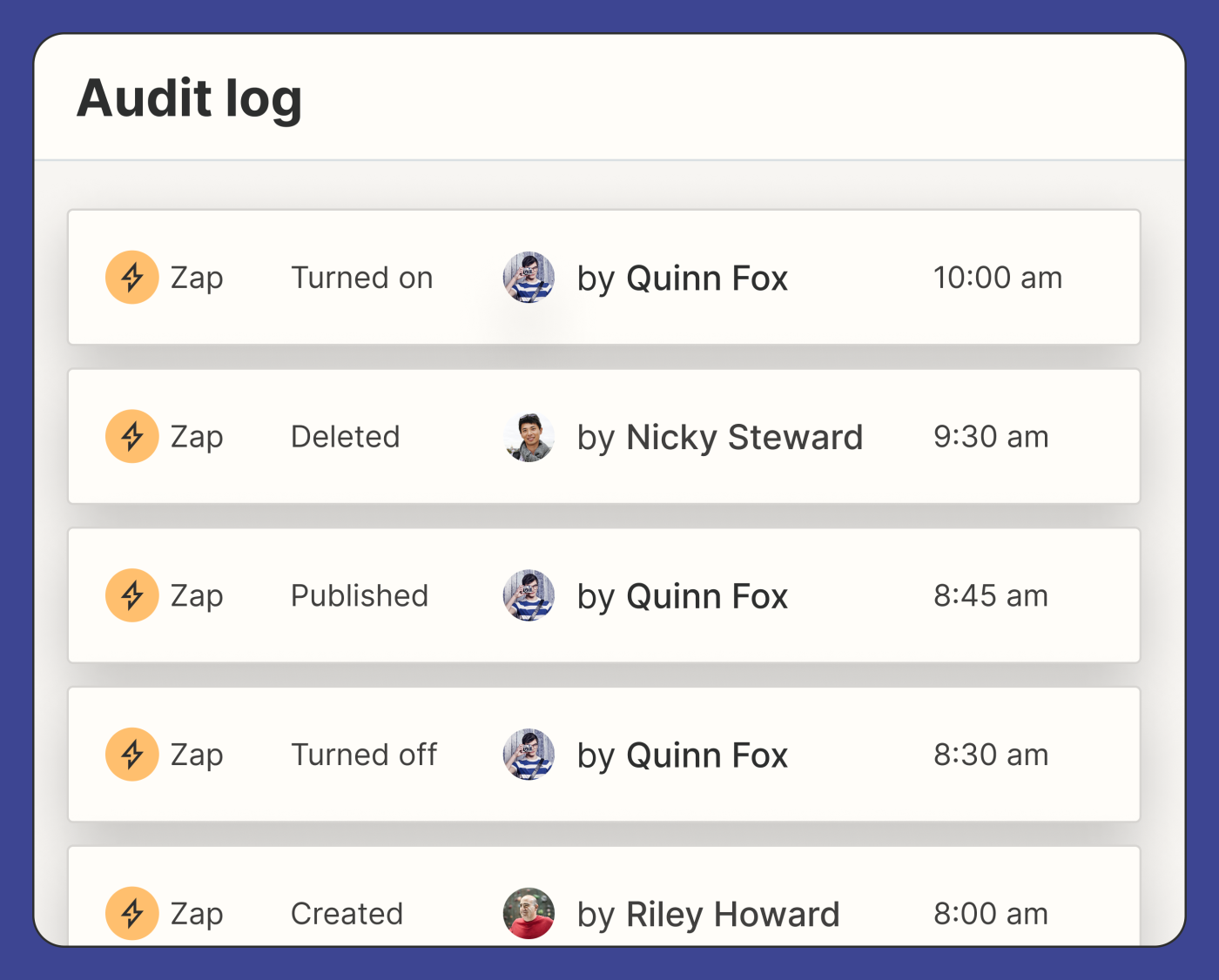 An audit log in Zapier that displays changes made to a Zap, who changed each Zap, and when.