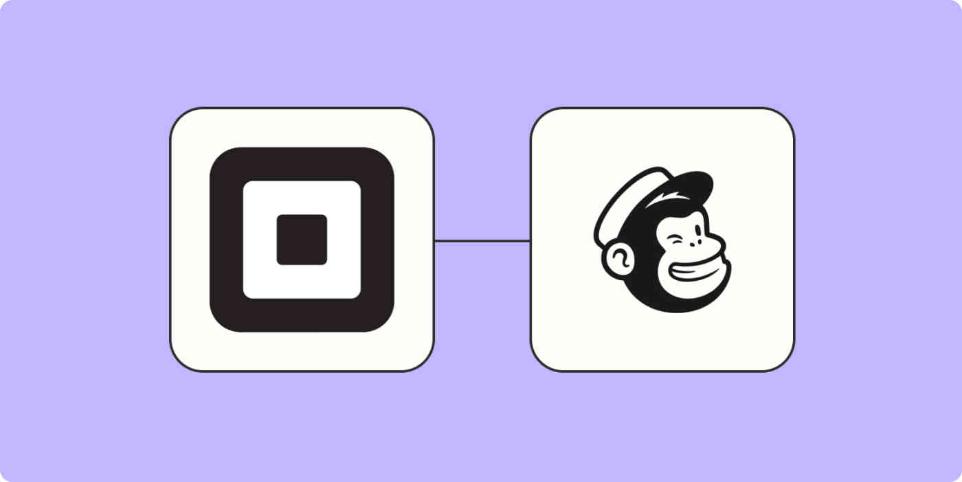 A hero image of the Square app logo connected to the Mailchimp app logo on a light purple background.