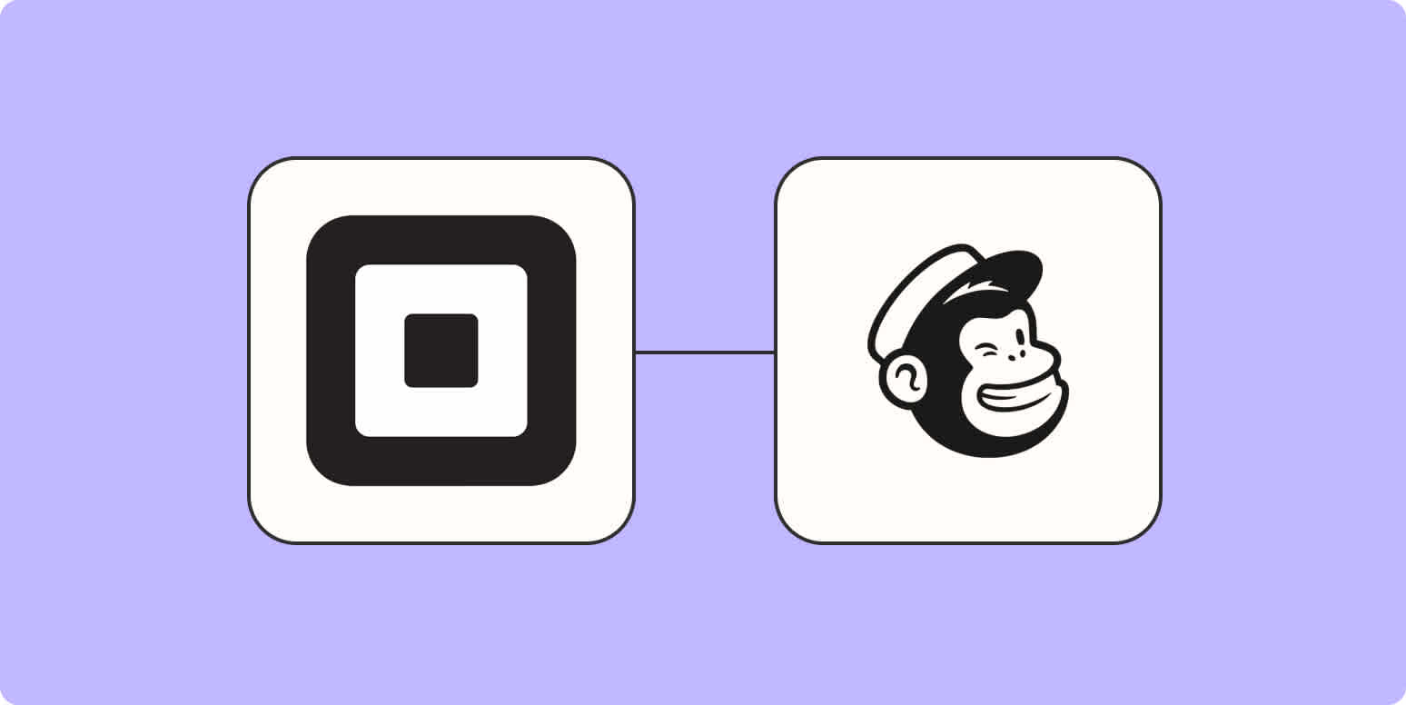 A hero image of the Square app logo connected to the Mailchimp app logo on a light purple background.
