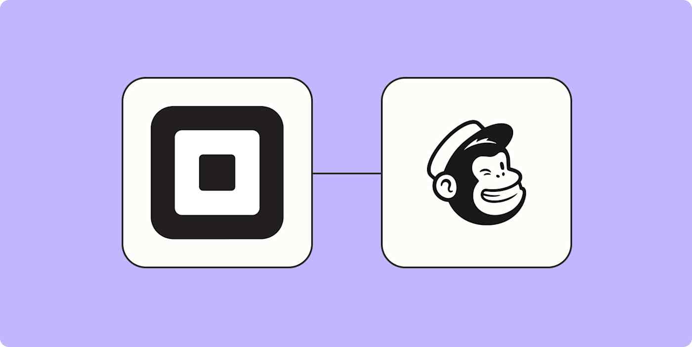 A hero image of the Square app logo connected to the Mailchimp app logo on a light purple background.