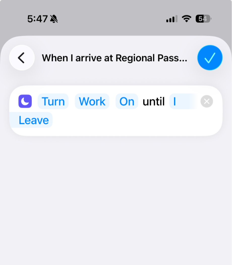 Setting up an iPhone automation to turn work mode on