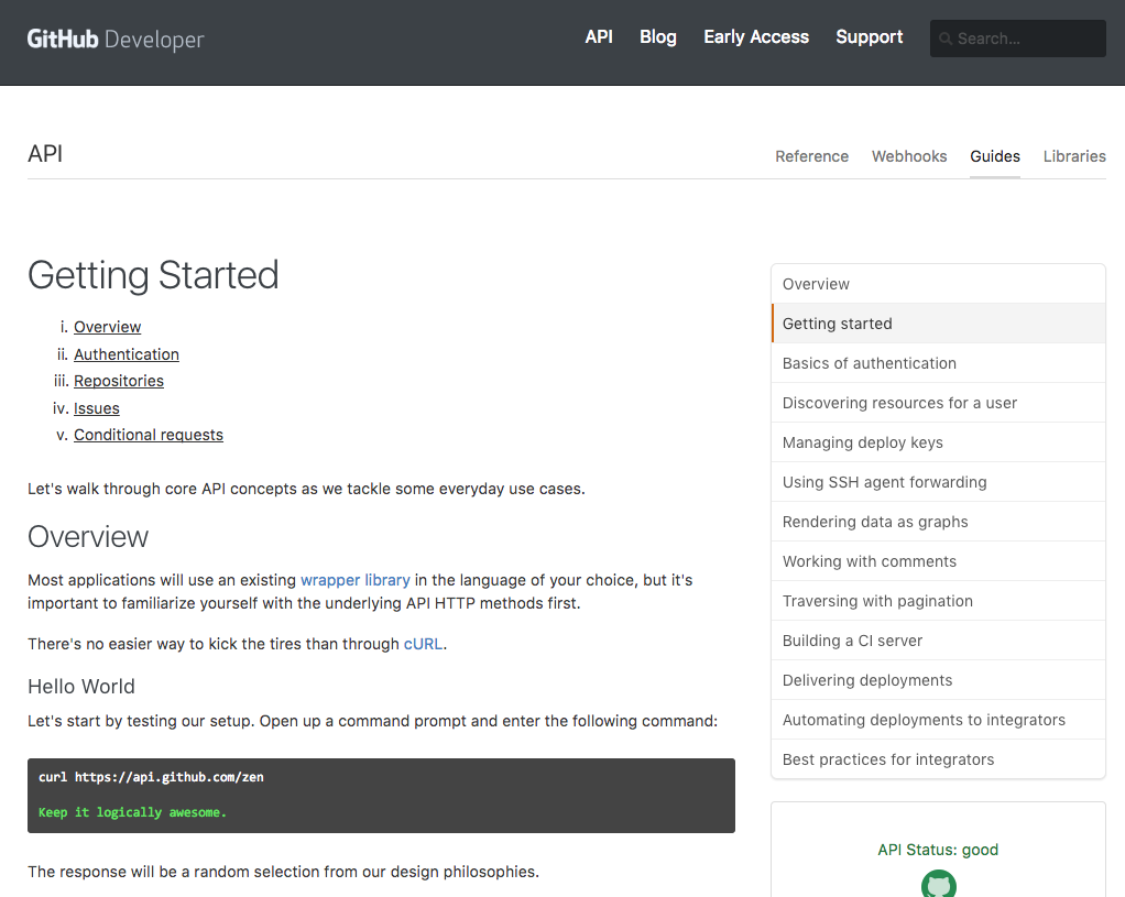 GitHub Developer screenshot showing the Getting Started menu and table of contents.