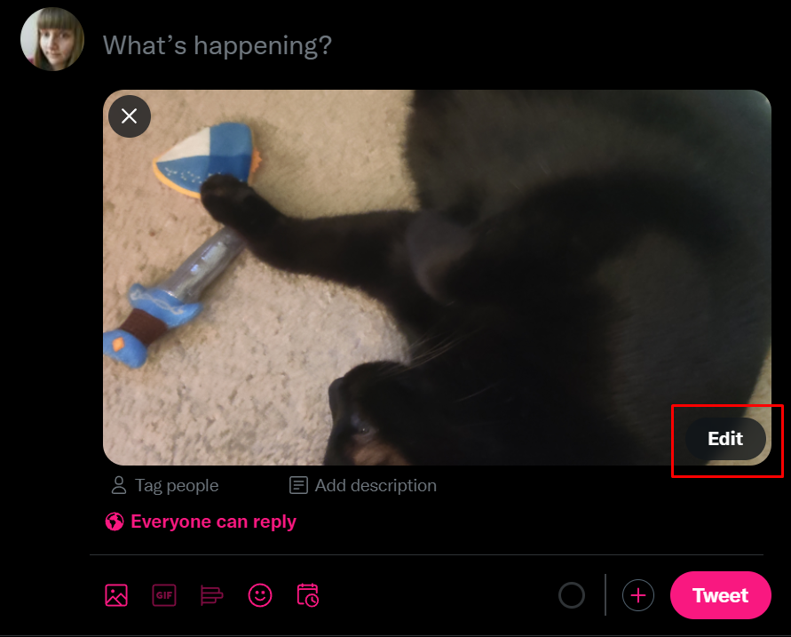 Twitter's tweet creation interface with an image of a black cat ready to post. The "Edit" button in the lower right corner of the image is highlighted with a red box.