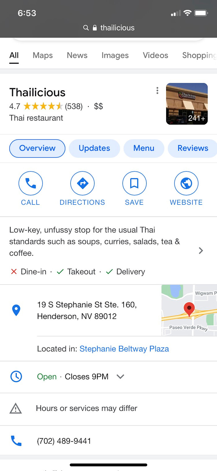 google-my-business-optimization-01-thailicious The GMB profile for a restaurant called Thailicious