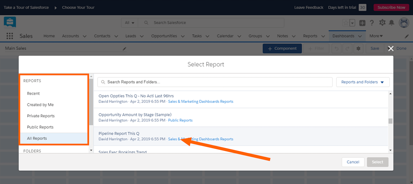 Selecting the pre-built report for pipeline by current quarter