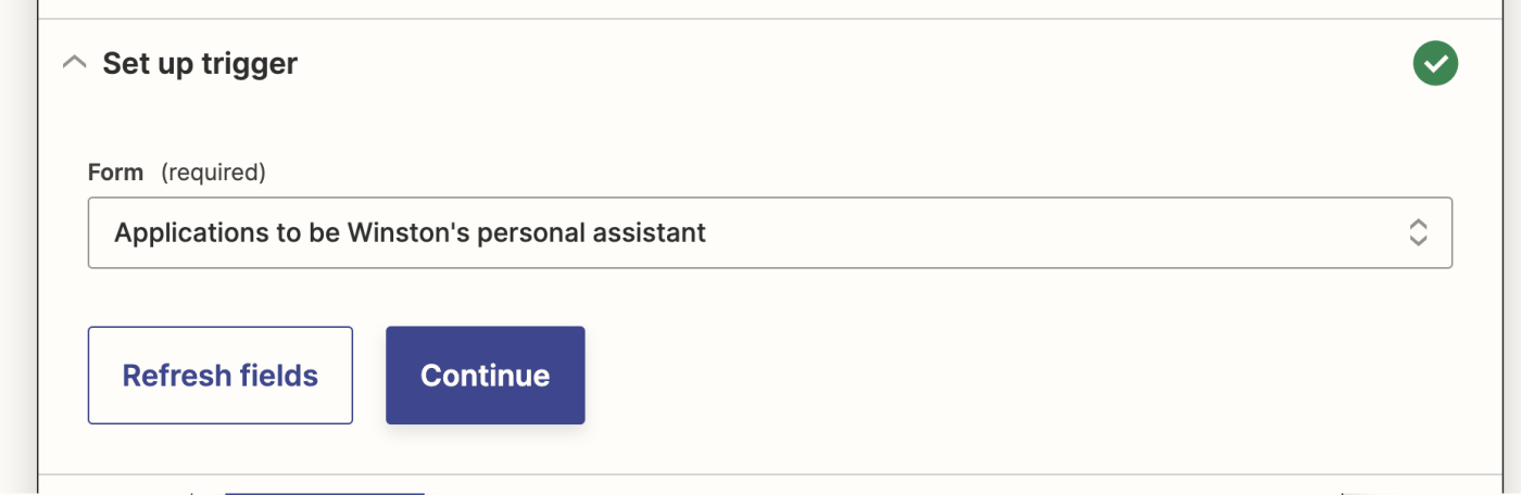 A form selected in the Form field above a purple Continue button. 