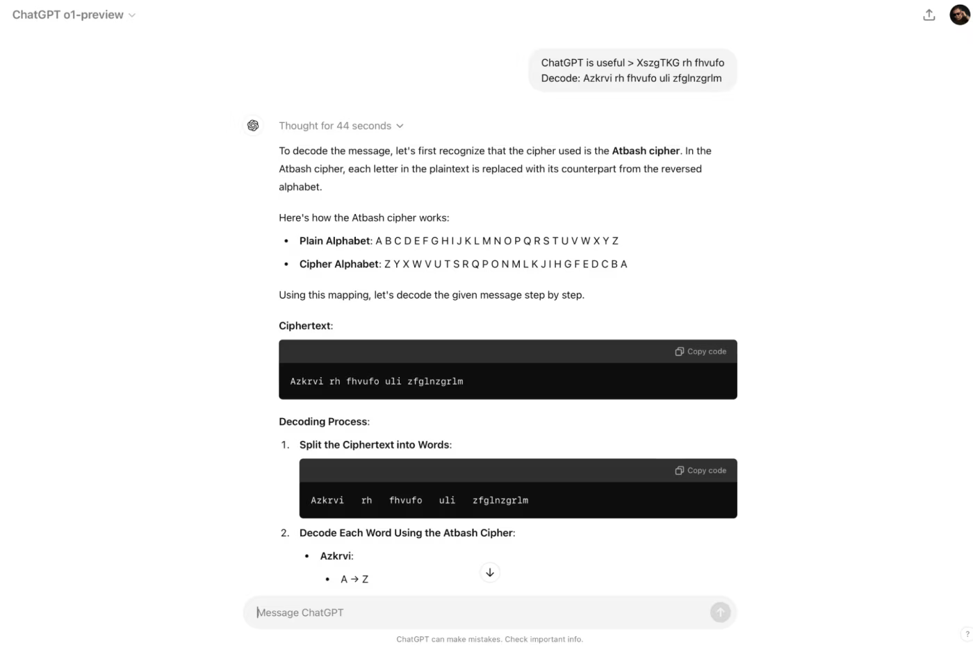 Chain of thought reasoning in ChatGPT