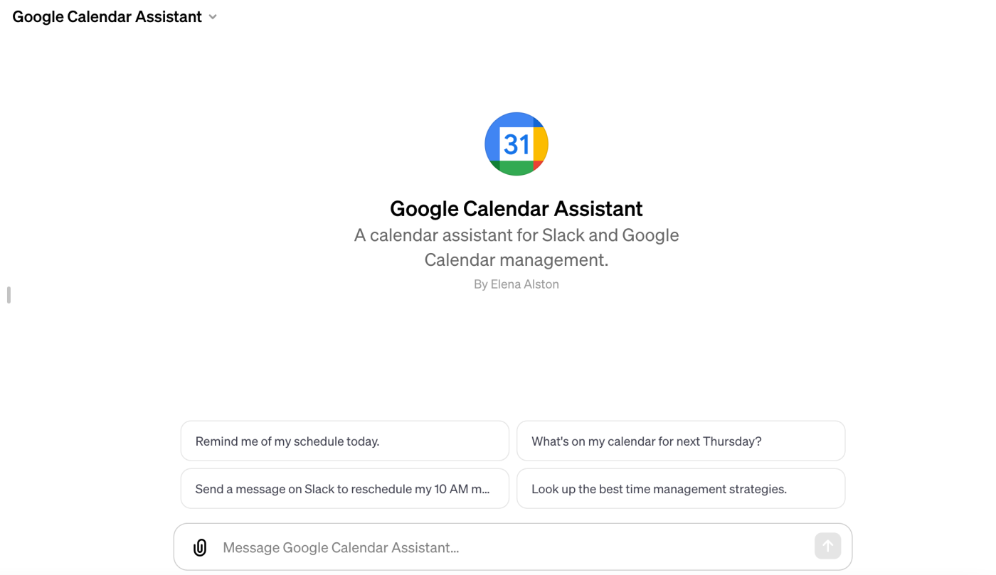 Screenshot of calendar assistant GPT