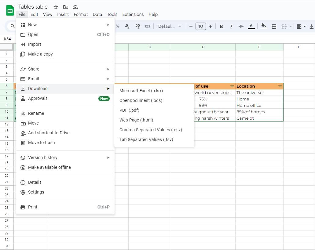 Screenshot showcasing how to export Google Sheets data in different formats