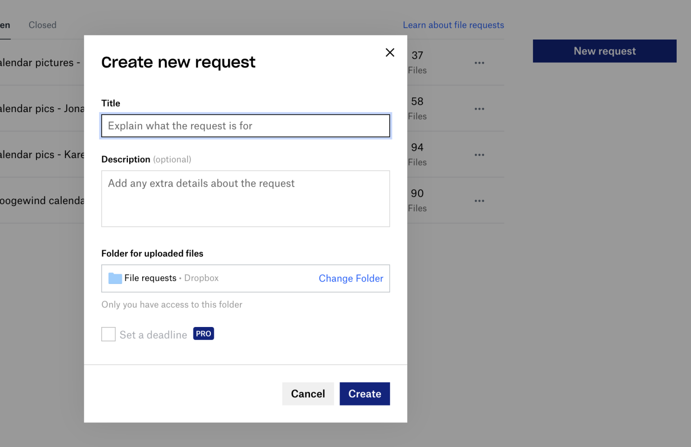 File request feature in Dropbox