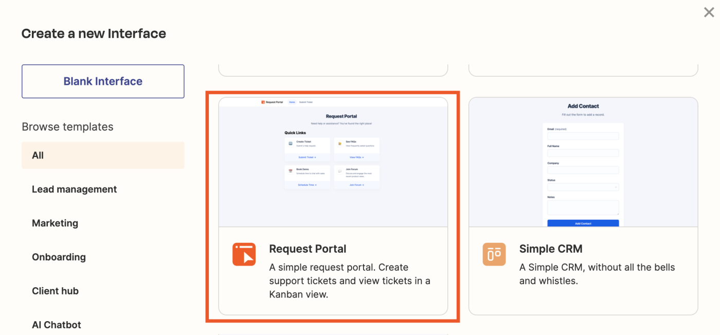 Screenshot of request portal