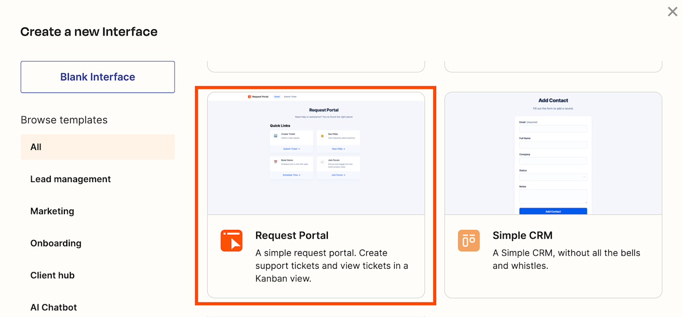 Screenshot of request portal