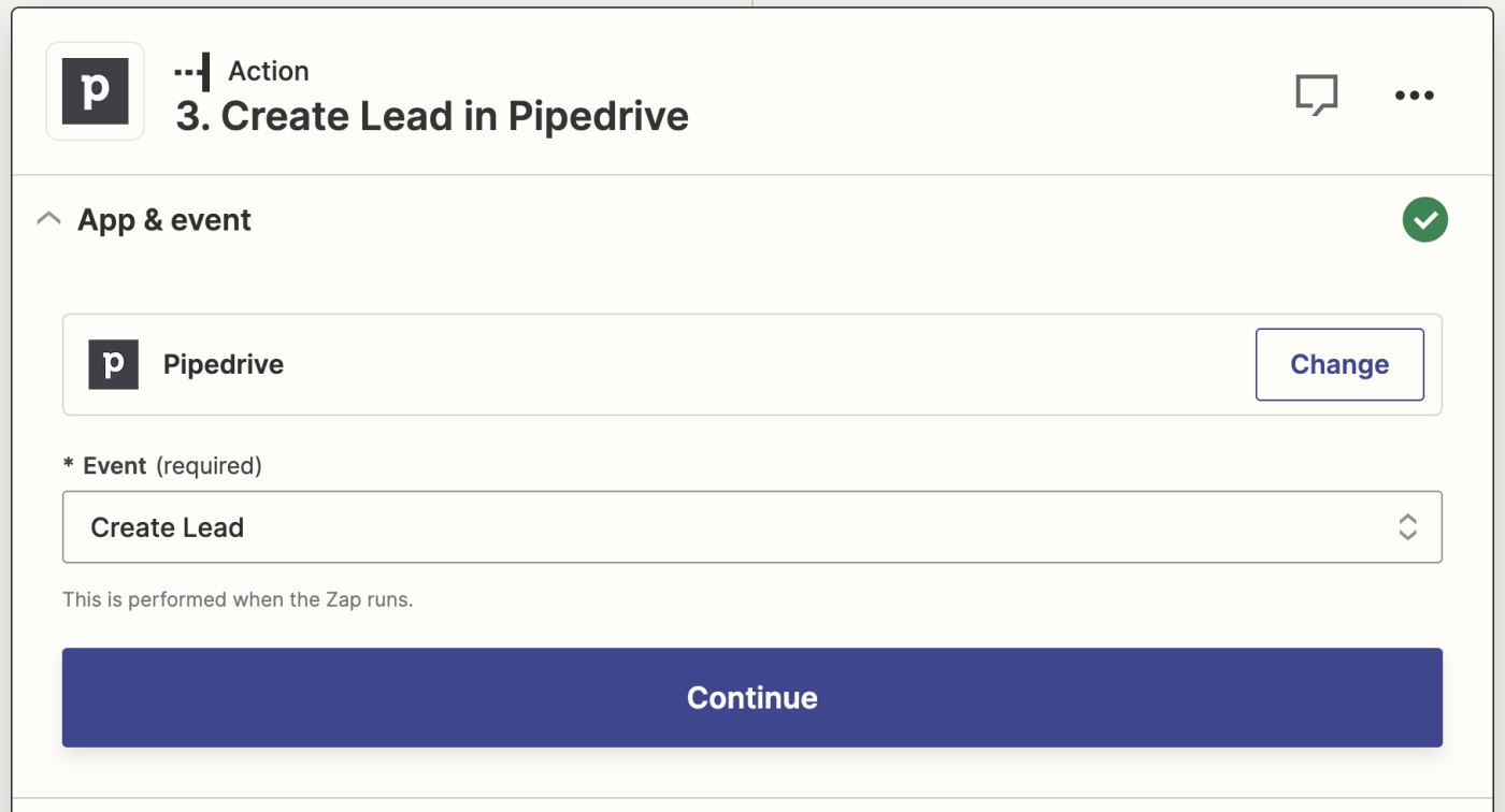 Screenshot of Pipedrive action set up