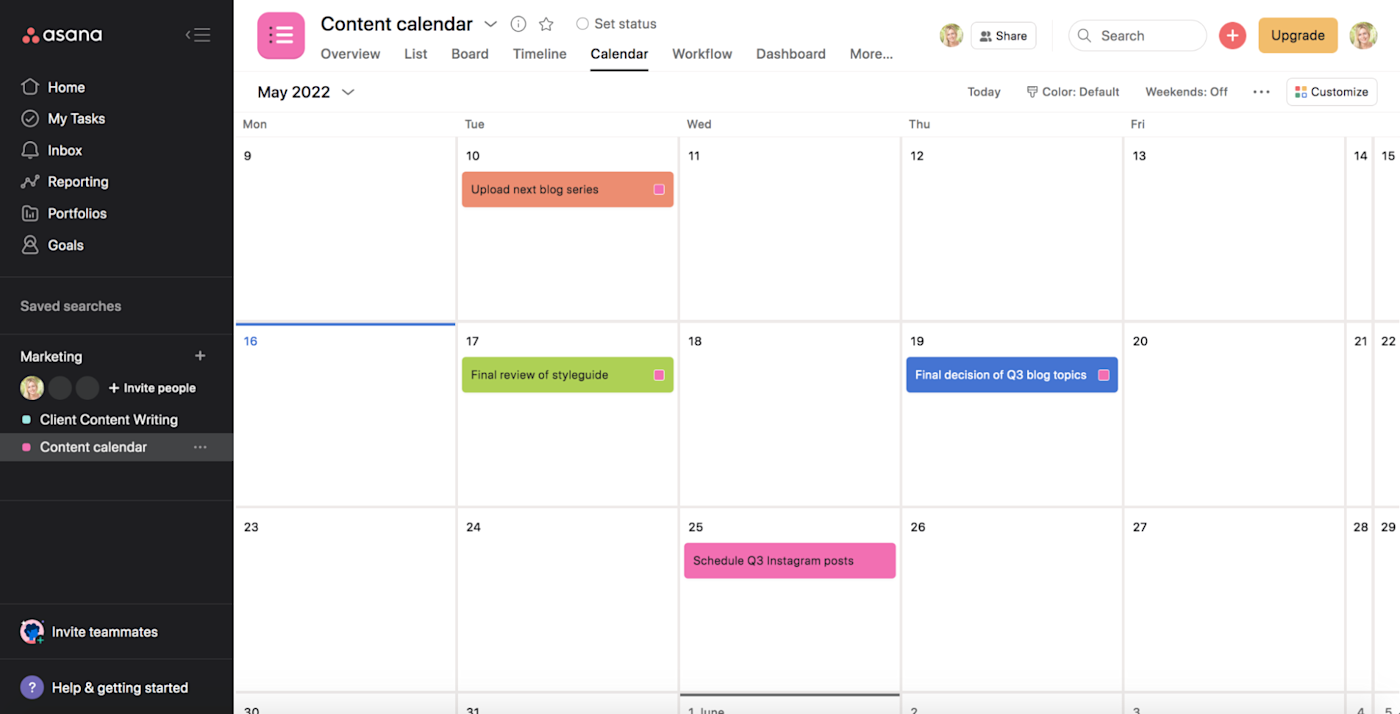 Asana vs. ClickUp: calendar view Asana, color-coded