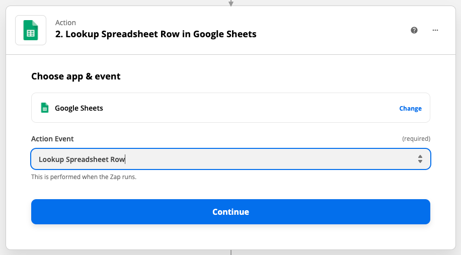 Action set-up: Lookup Spreadsheet Row in Google Sheets