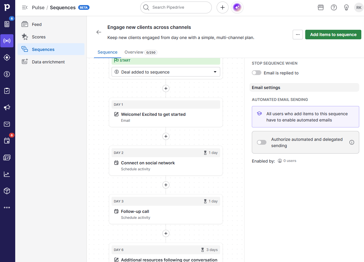 Setting up a sequence in Pipedrive