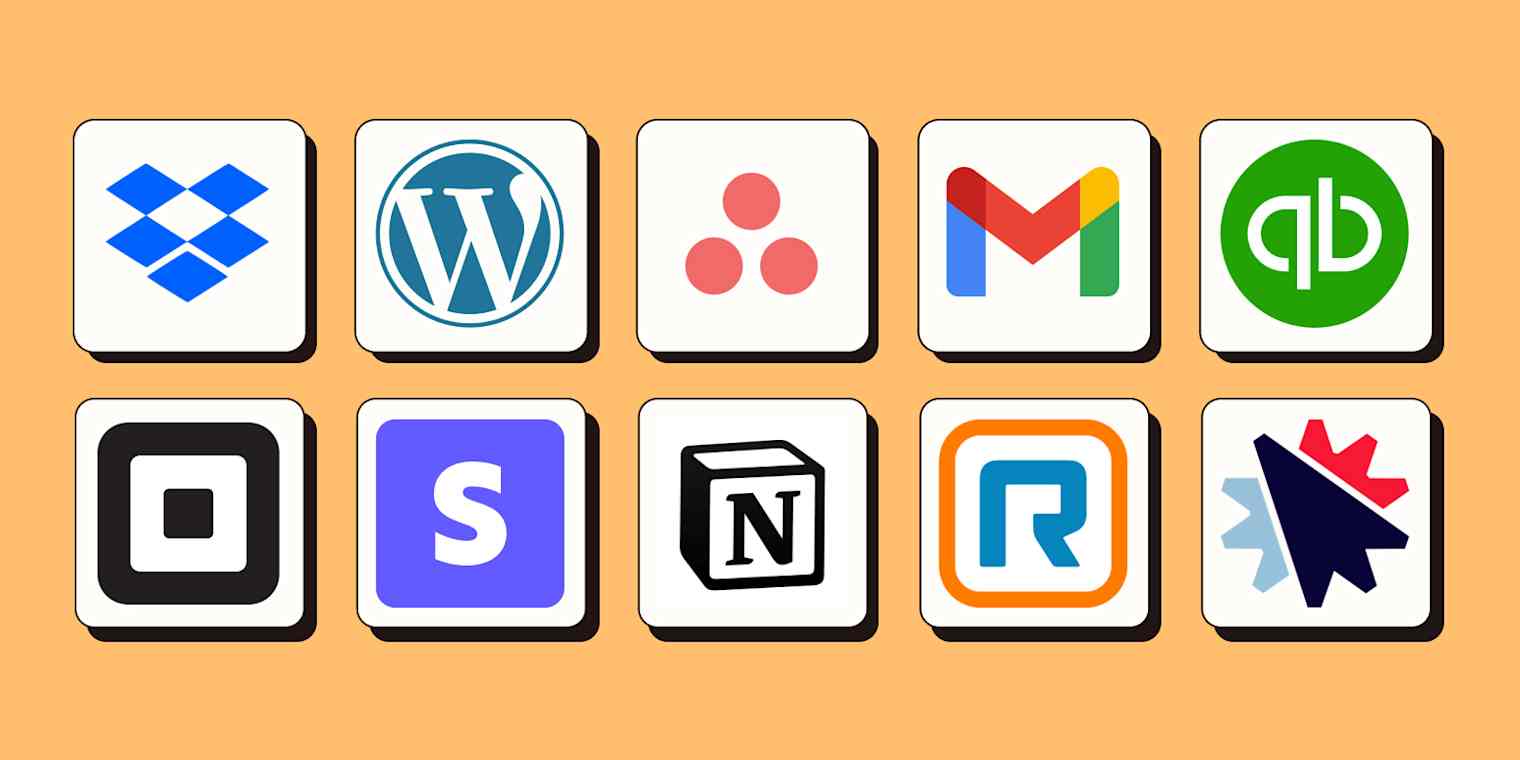 A hero image of app logos on a light orange background.