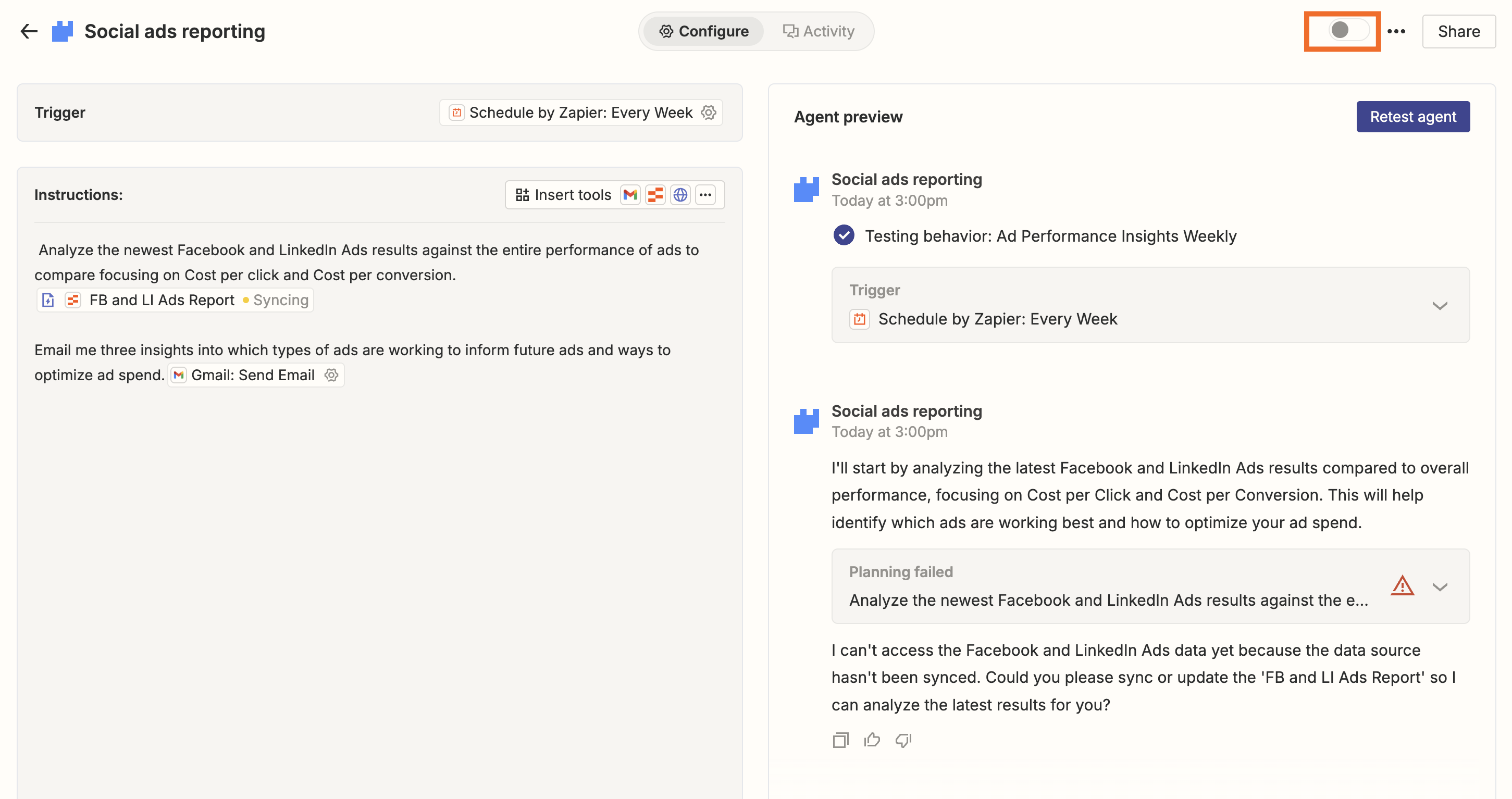Screenshot of testing agent