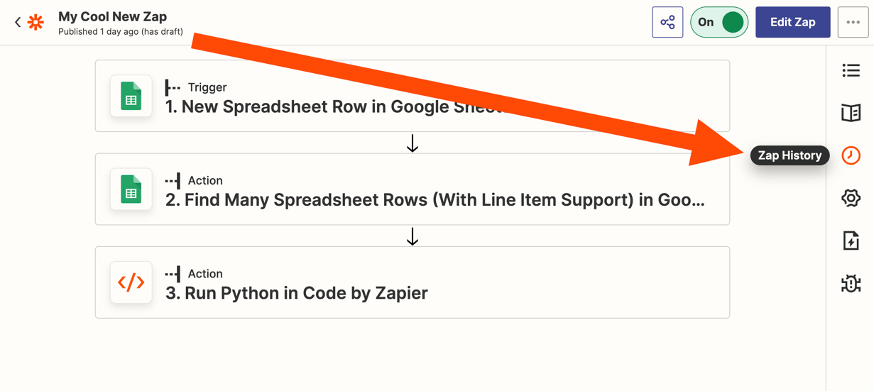 An orange arrow pointing to a clock icon labeled Zap History.