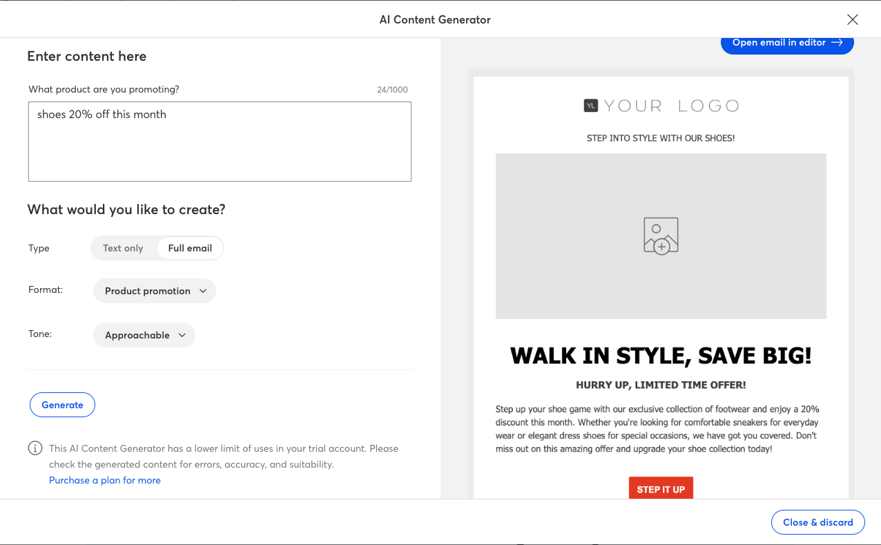 Screenshot of Constant Contact's AI Content Generator showing the product promotion template