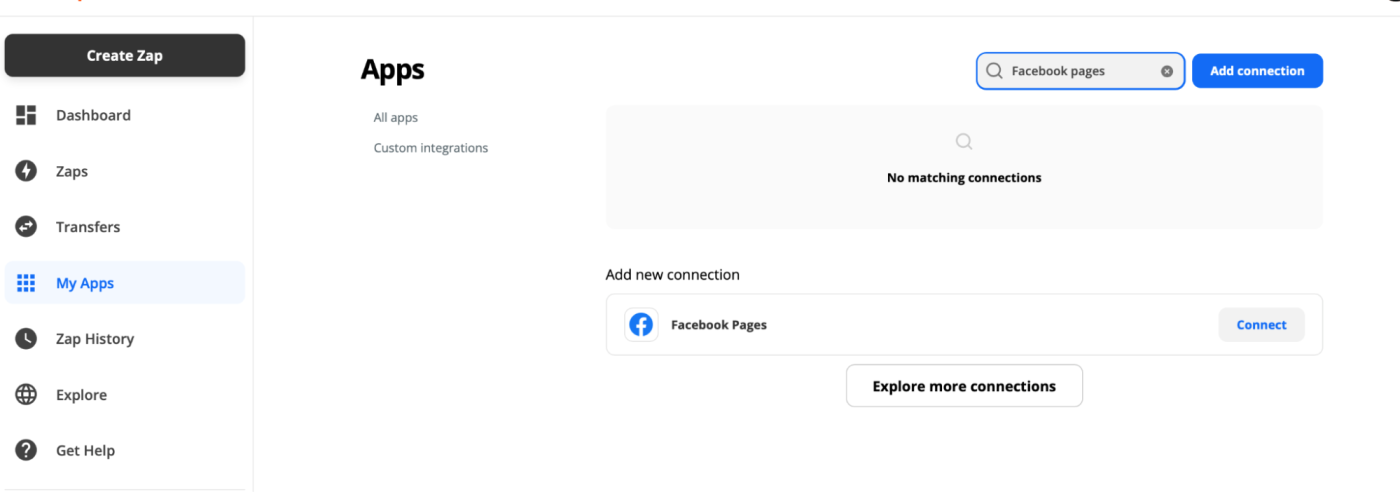A screenshot of the apps area of a Zapier account. The user has put "Facebook page" in the search bar and the app appears in the results area.