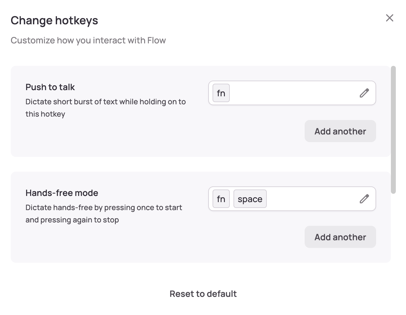 The settings to change hotkeys in Wispr Flow