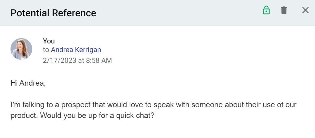 An email in Copper asking to speak with someone using the product
