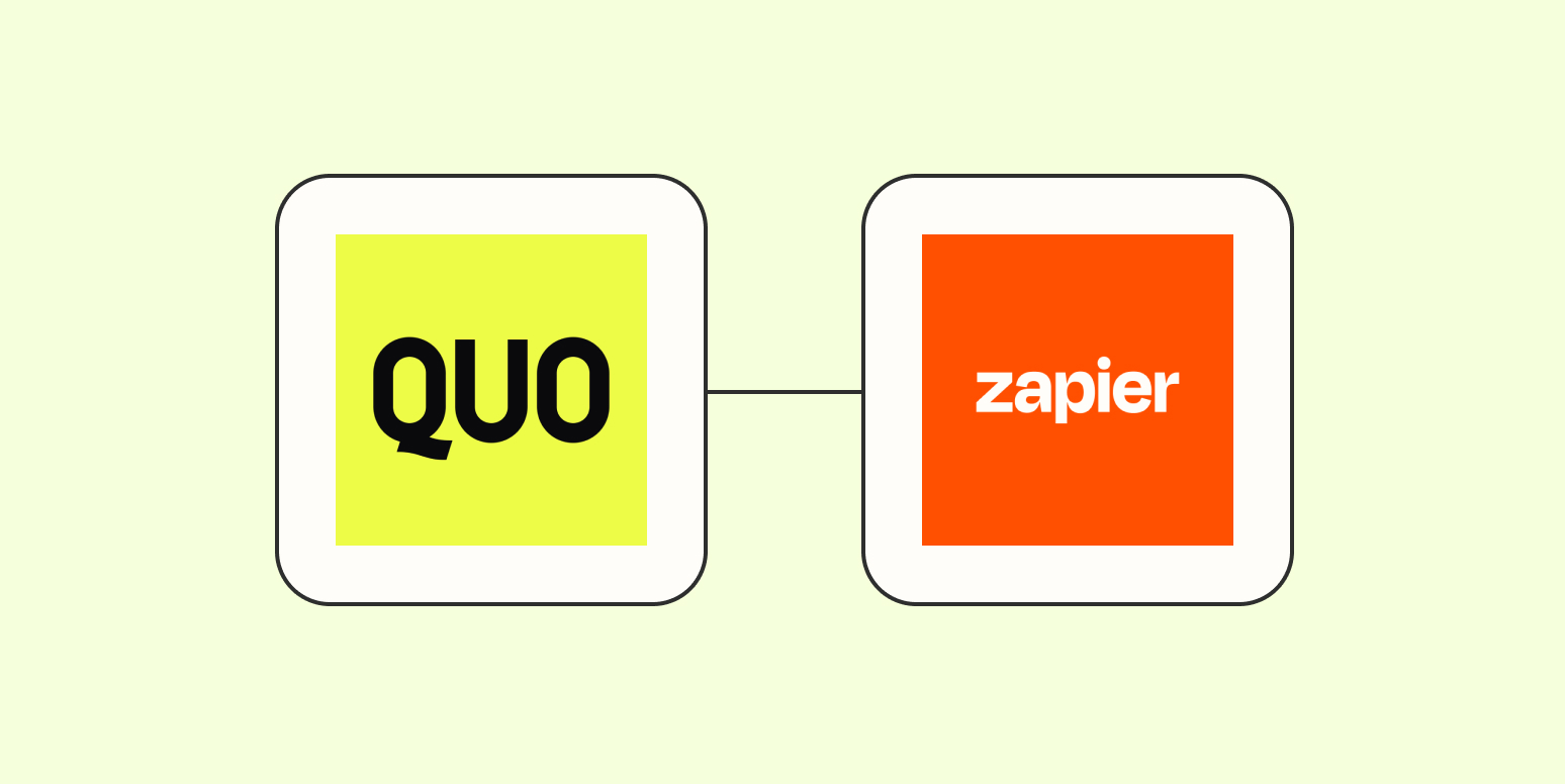 Quo logo and Zapier logo side by side on a yellow background