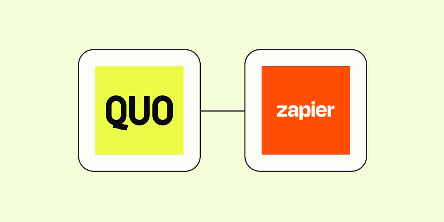 Quo logo and Zapier logo side by side on a yellow background