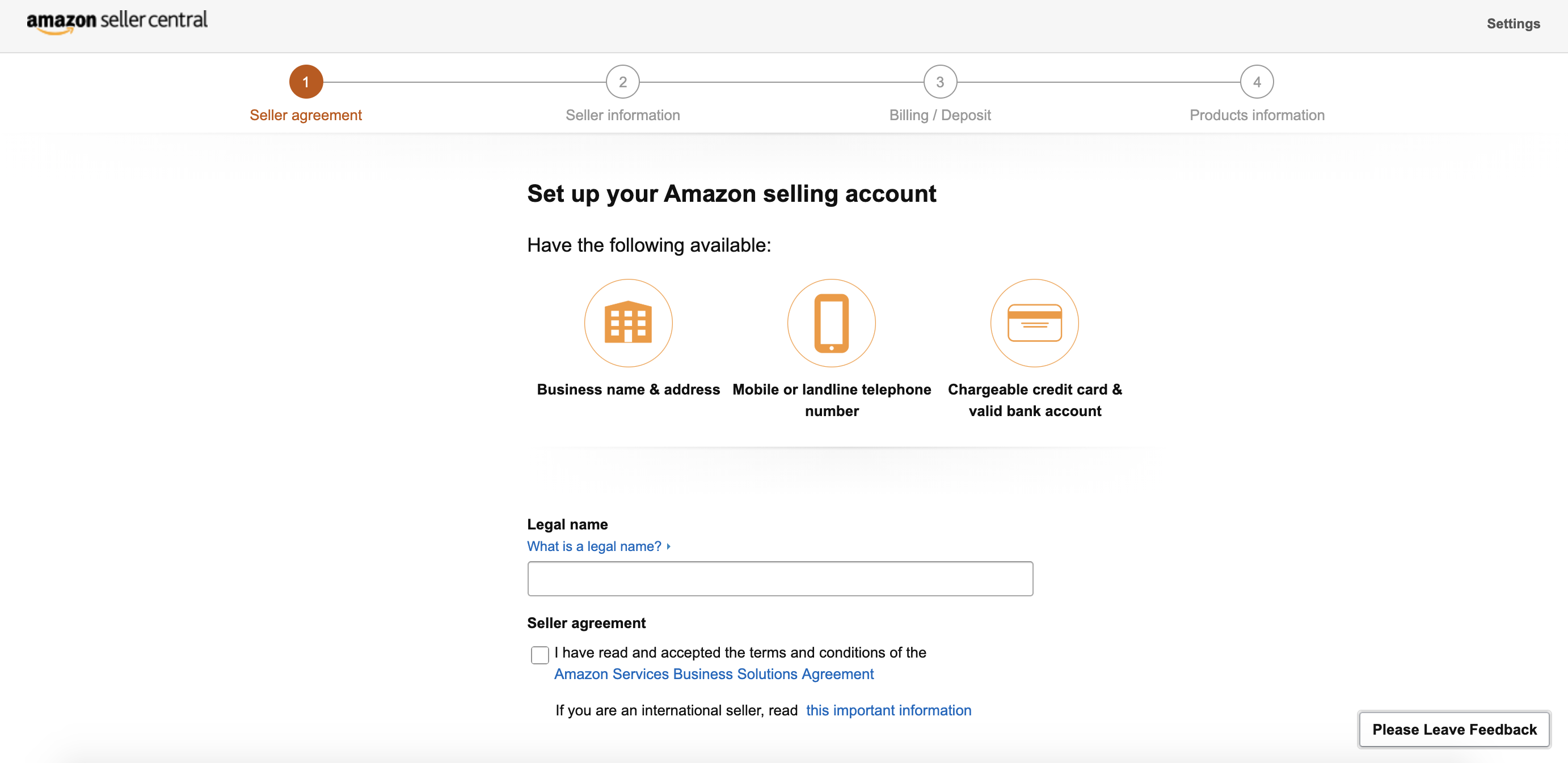 Amazon Seller Central seller agreement page