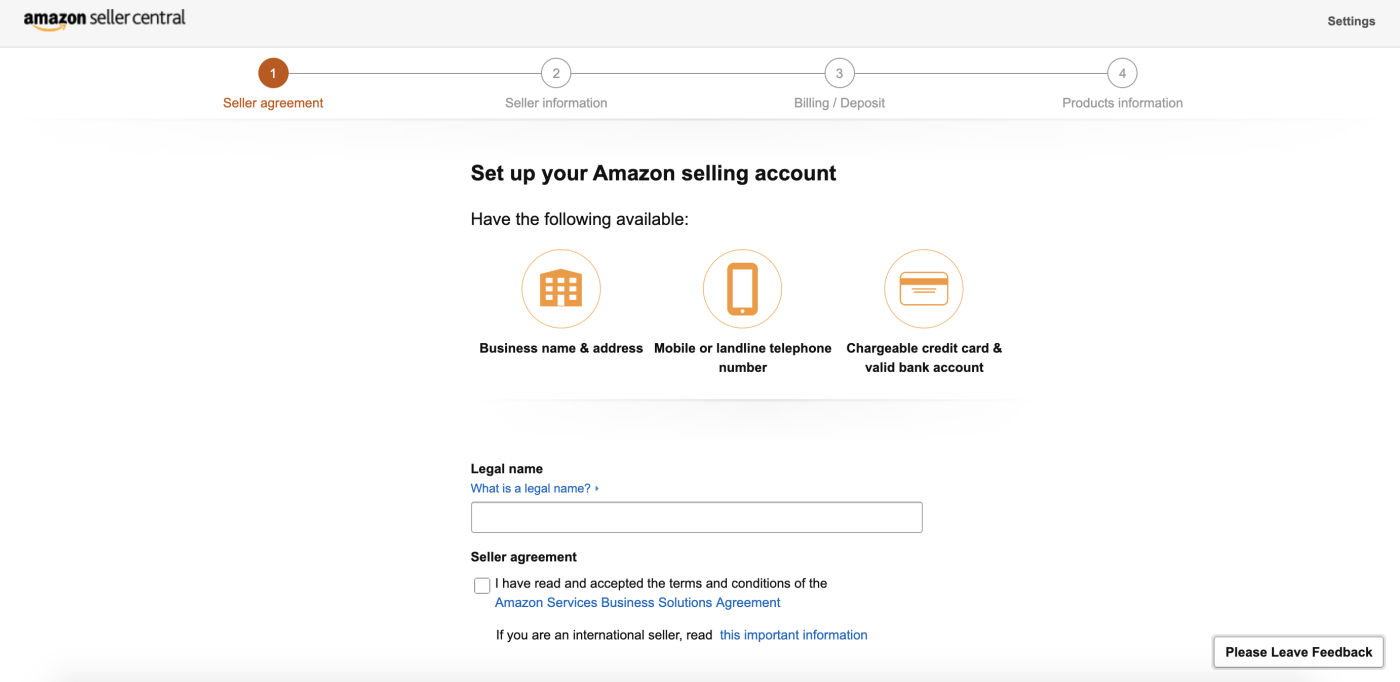 Amazon Seller Central seller agreement page