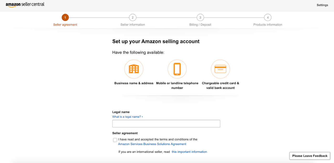 Amazon Seller Central seller agreement page