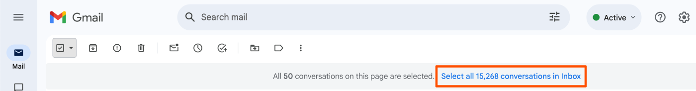 Screenshot of Gmail showing where to select all messages.