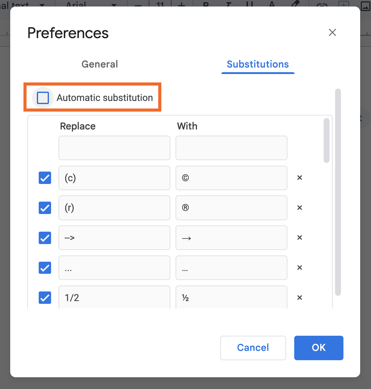 Turning Google Docs autocorrect off