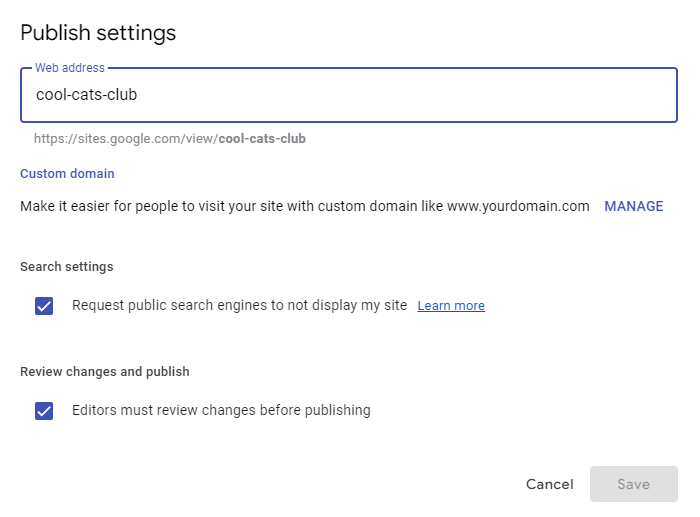 Creating a URL in Google Sites