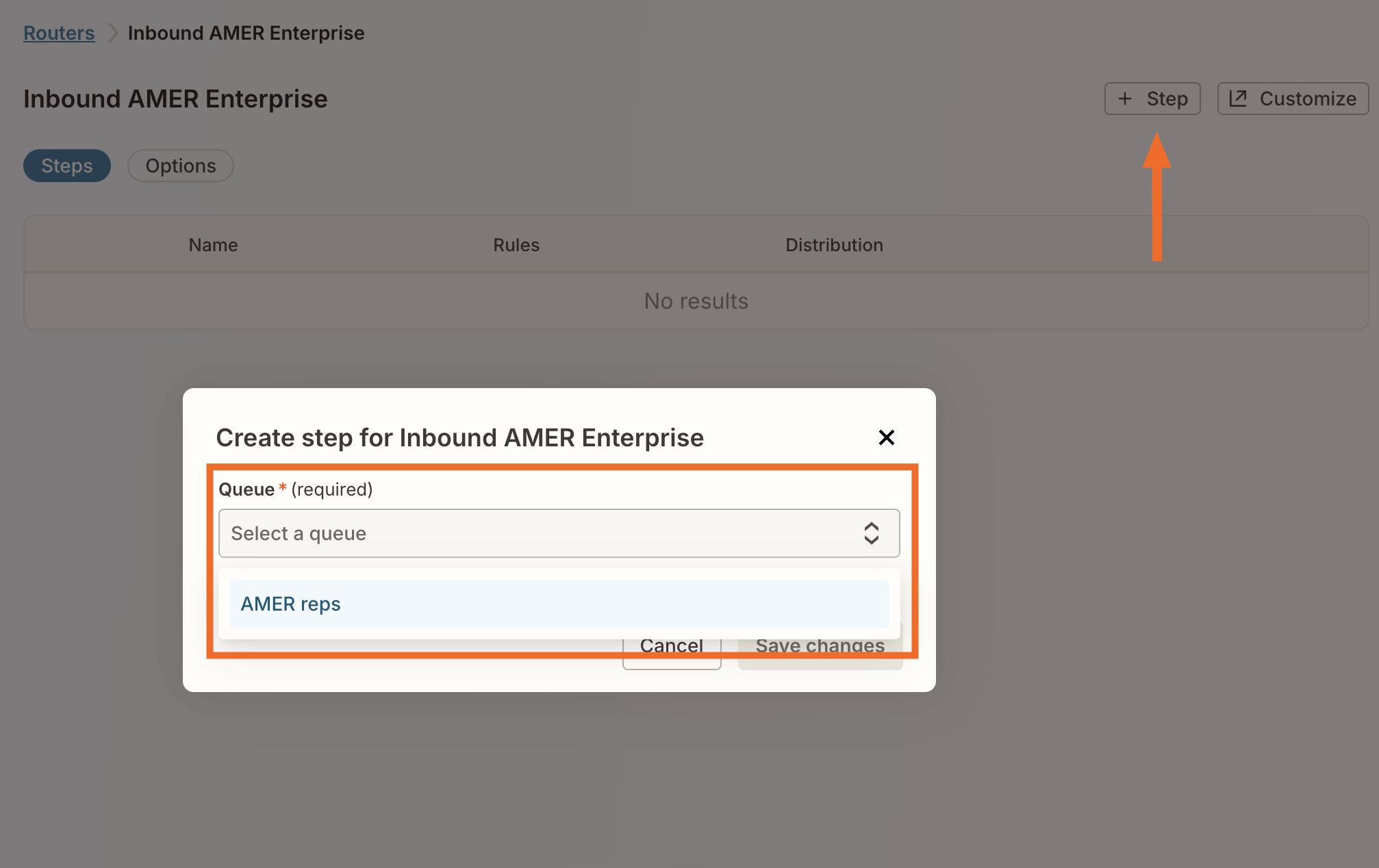 A pop-up window titled "Create step for Inbound AMER Enterprise" with a Queue dropdown showing "AMER reps" and an arrow pointing to the "+ Step" button.