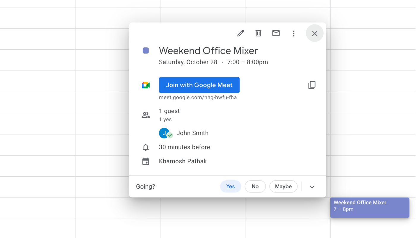 A Google Calendar event for a weekend office mixer.