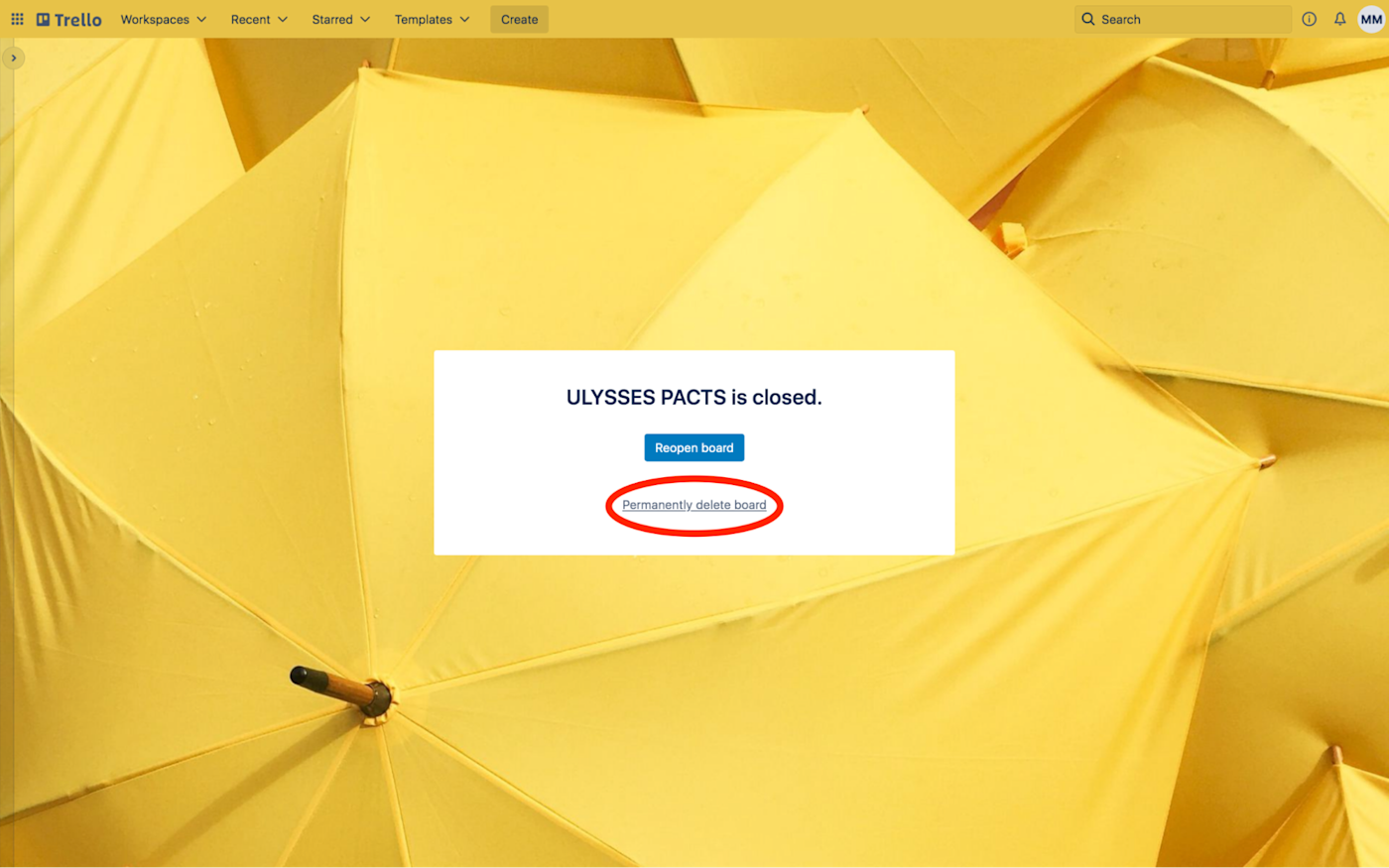 The button to permanently delete a Trello board