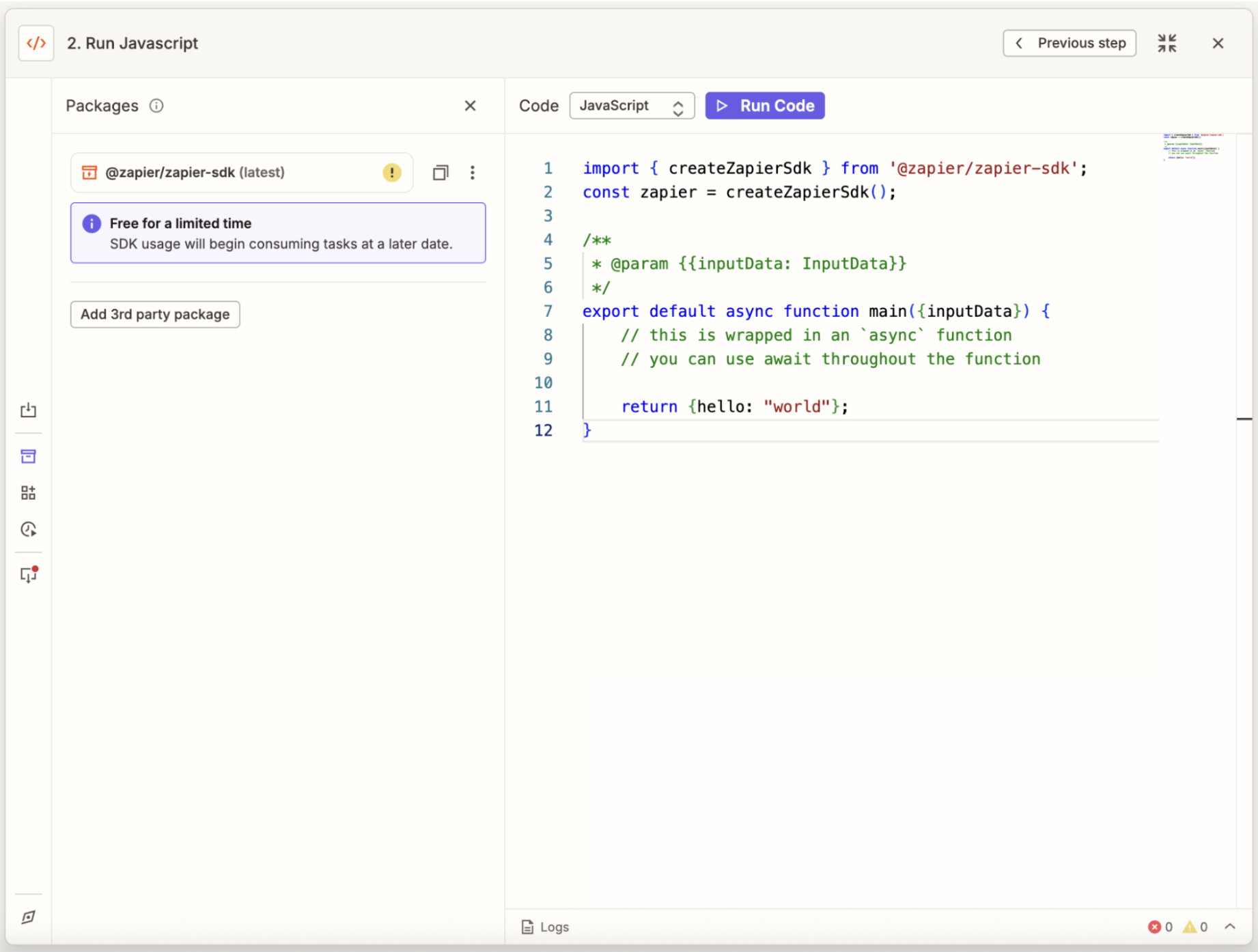 The configuration page of a Code by Zapier step connected to the Zapier SDK