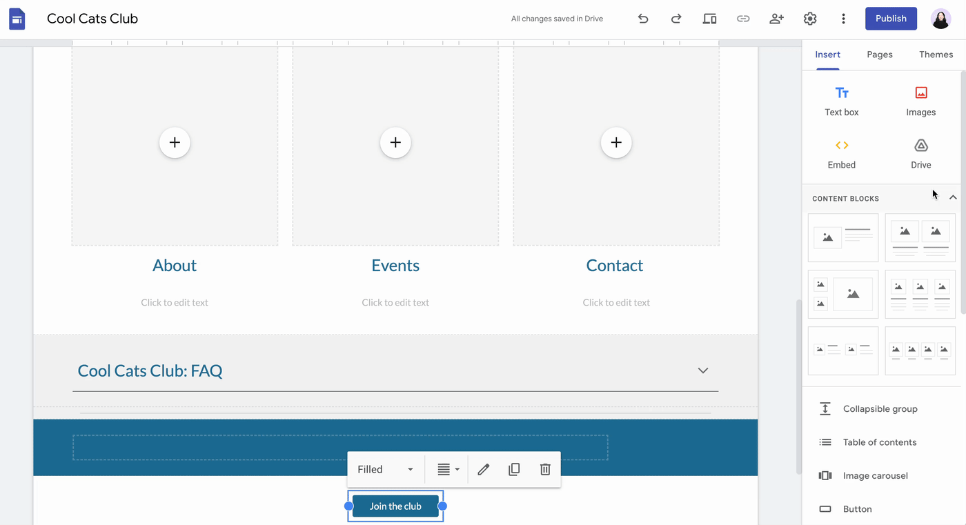 Demo of how to arrange elements to create columns in the Google Sites editor.