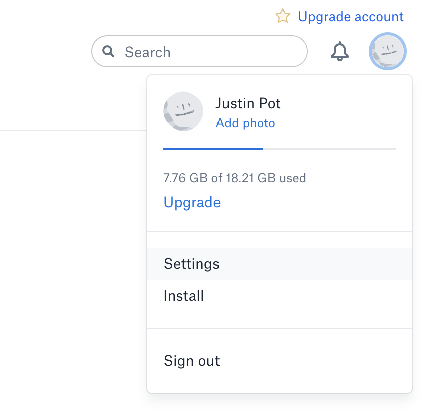 Dropbox website Settings 