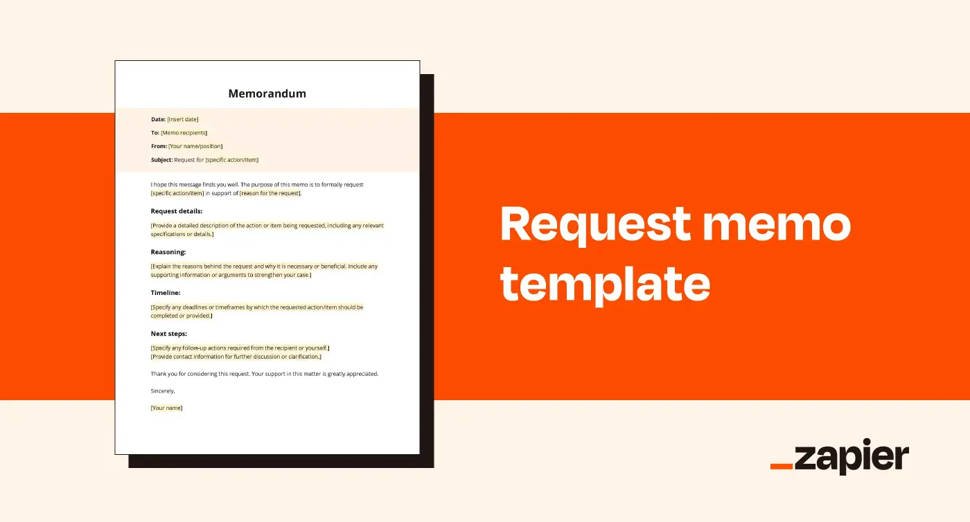 Screenshot of Zapier's request memo template on an orange background